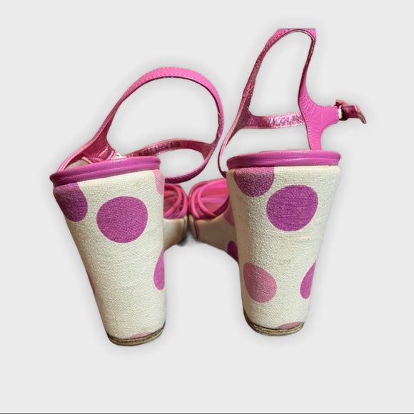 Coach | Lona Pink & Cream Polka Dot Wedge Heels Leather Ankle Strap Size 8.5 - Picture 4 of 6